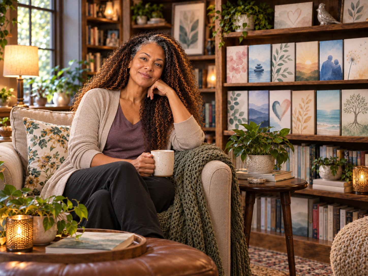 Sage sitting with a cup of coffee in a warm room lined with books